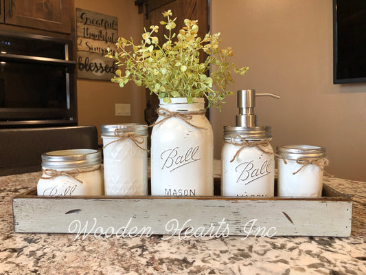 MASON Jar Bathroom Kitchen Tray Set, Cotton Ball Toothbrush Holder Quart Flower Vase Soap Pump Q-tip - Wooden Hearts Inc