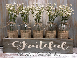 GRATEFUL Wood Box ONLY Tray table centerpiece (glass bottle jars / greenery optional) - Wooden Hearts Inc