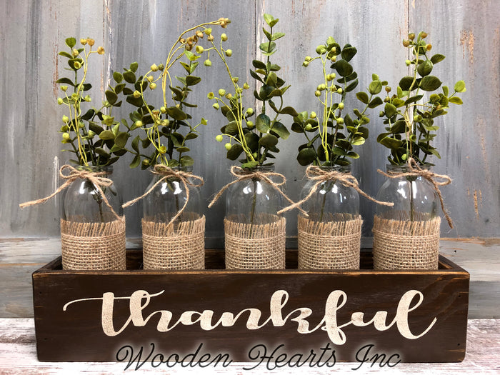 THANKFUL Wood Box ONLY Tray table centerpiece (glass bottle jars / greenery optional)
