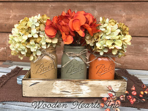 FALL MASON 3 Jars Wood Tray Decor for Thanksgiving Centerpiece (Flowers optional) Ball Pint - Wooden Hearts Inc