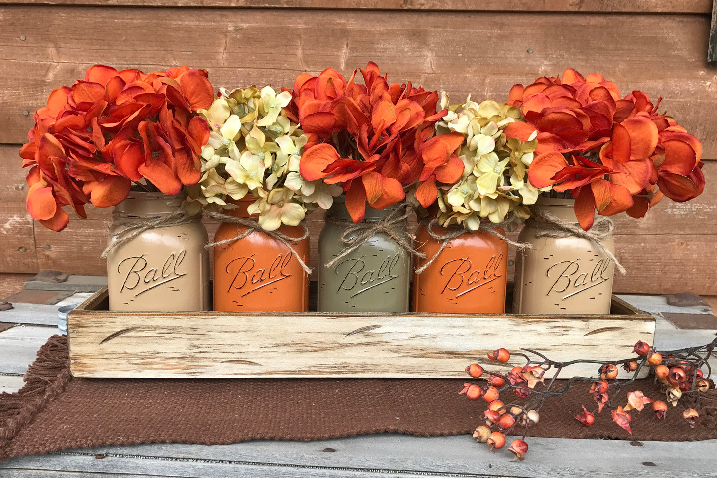 FALL MASON Jar Decor Thanksgiving Centerpiece (Flowers optional) - Wood TRAY + 5 Ball Pint Jars - Wooden Hearts Inc