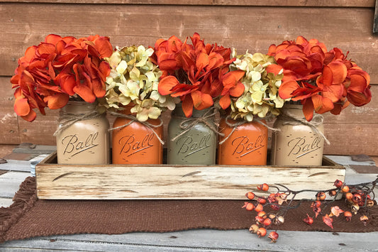 FALL MASON Jar Decor Thanksgiving Centerpiece (Flowers optional) - Wood TRAY + 5 Ball Pint Jars - Wooden Hearts Inc