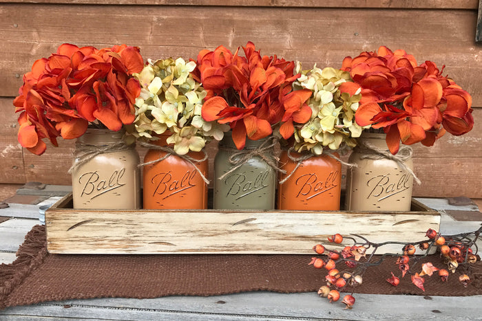 FALL MASON Jar Decor Thanksgiving Centerpiece (Flowers optional) - Wood TRAY + 5 Ball Pint Jars