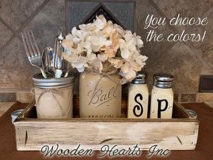 Ball MASON Jar Kitchen 5pc SET Wood TRAY, Pint Vase Flower, Salt & Pepper Shakers Jars Centerpiece - Wooden Hearts Inc