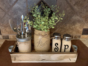 Ball MASON Jar Kitchen 5pc SET Wood TRAY, Pint Vase Flower, Salt & Pepper Shakers Jars Centerpiece - Wooden Hearts Inc