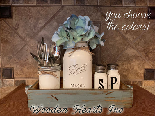 Kitchen Table Centerpiece Jar Set 5pc, Wood TRAY, Quart Vase Flower, Salt & Pepper Mason Ball Jars - Wooden Hearts Inc