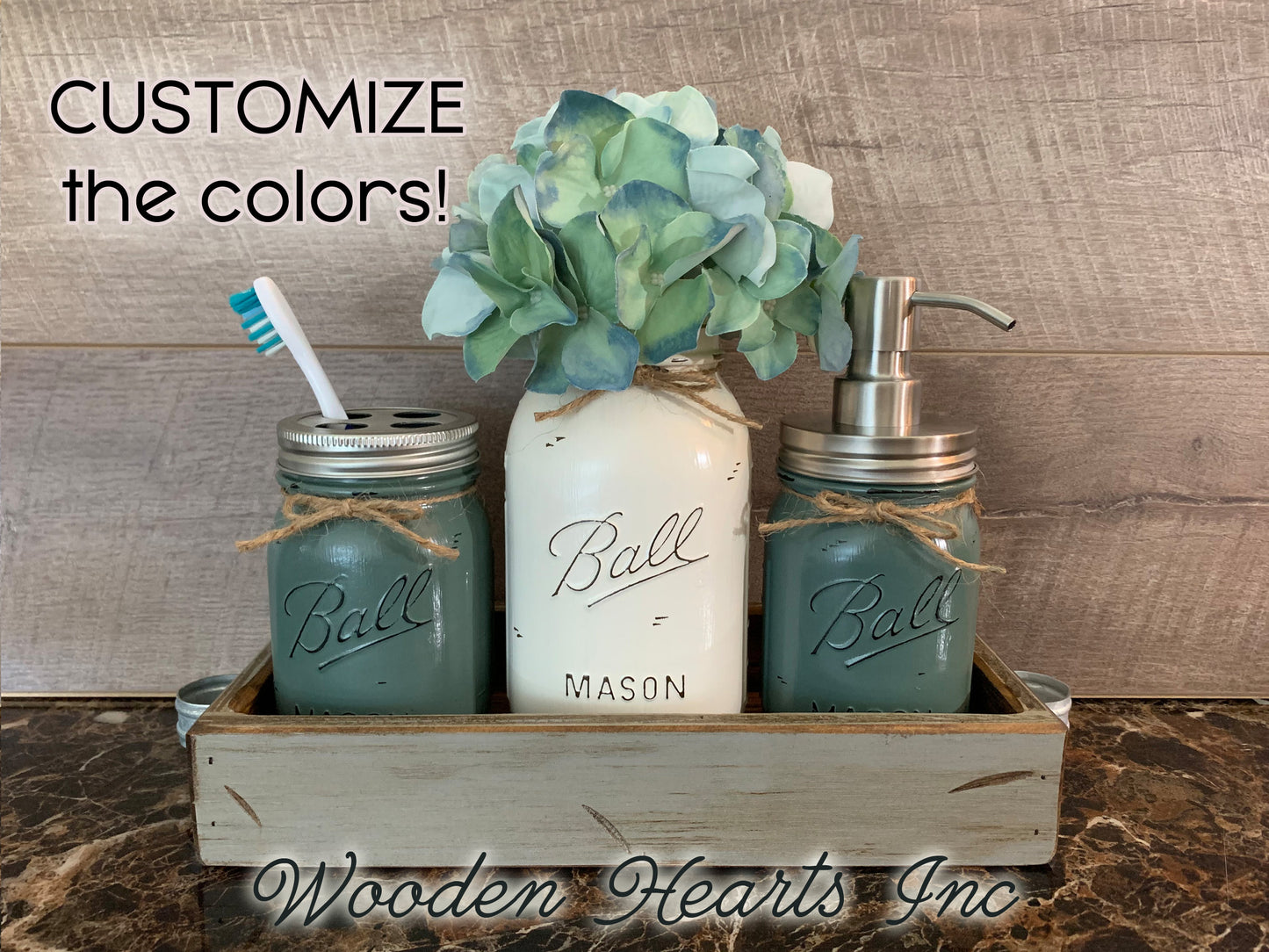 Bathroom Mason Jar 5pc TRAY SET, Toothbrush Holder, Quart Ball Vase, Soap Dispenser Jars Decor - Wooden Hearts Inc