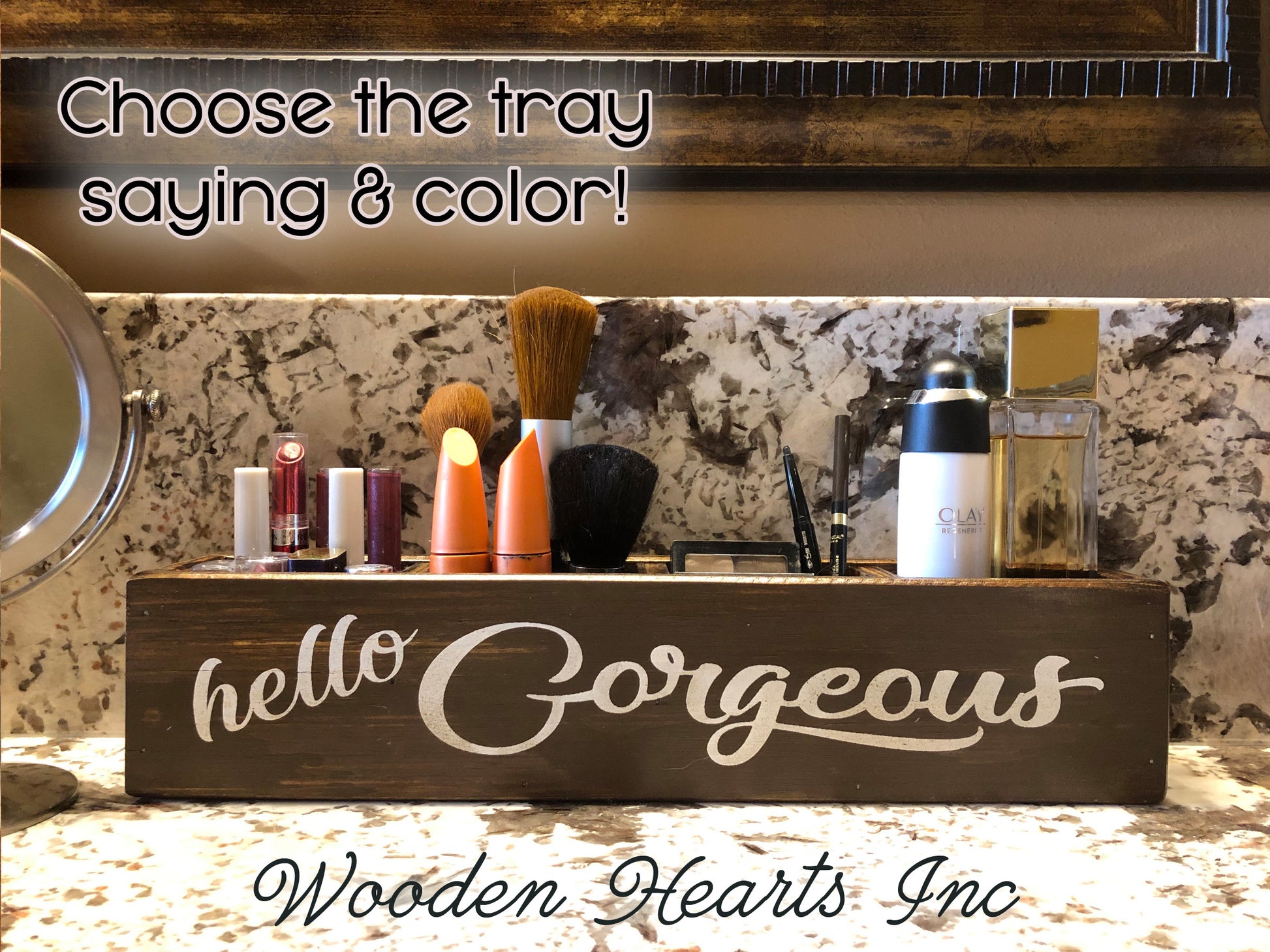 Bathroom Tray Makeup Organizer GORGEOUS BEAUTIFUL Keep it SIMPLE Box Cosmetics - Wooden Hearts Inc