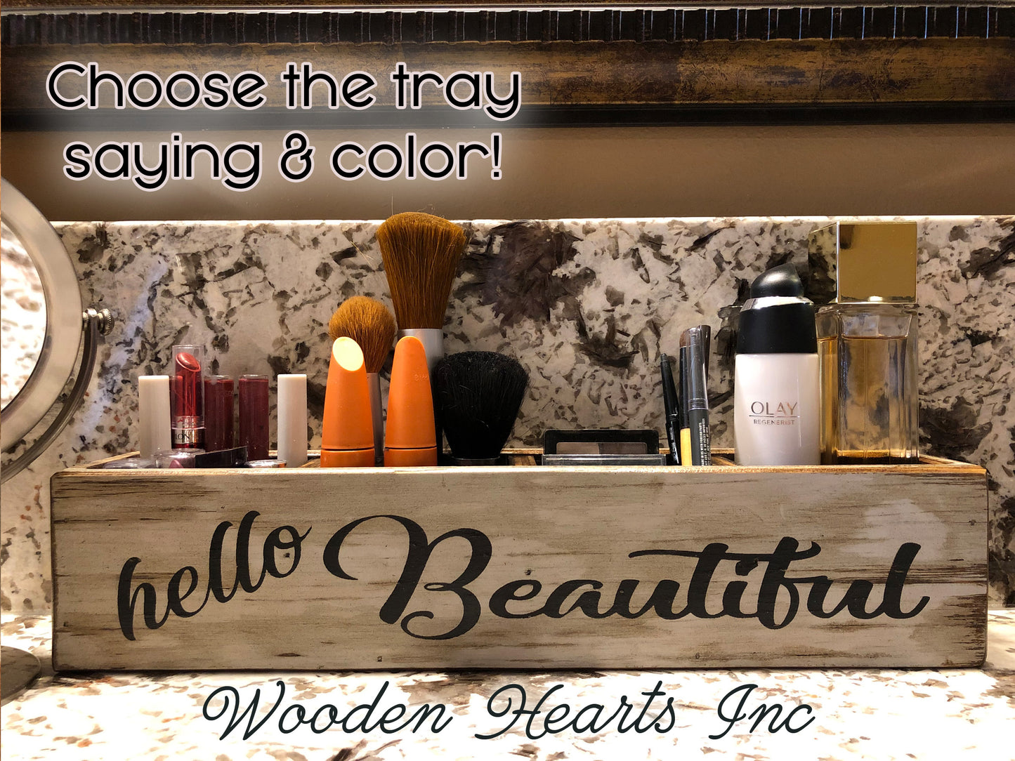 Bathroom Tray Makeup Organizer GORGEOUS BEAUTIFUL Keep it SIMPLE Box Cosmetics - Wooden Hearts Inc