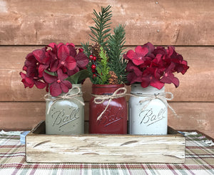 CHRISTMAS HOLIDAY 3 Pint Jar + Wood Tray Centerpiece (Florals / Flowers optional) Ball Mason - Wooden Hearts Inc