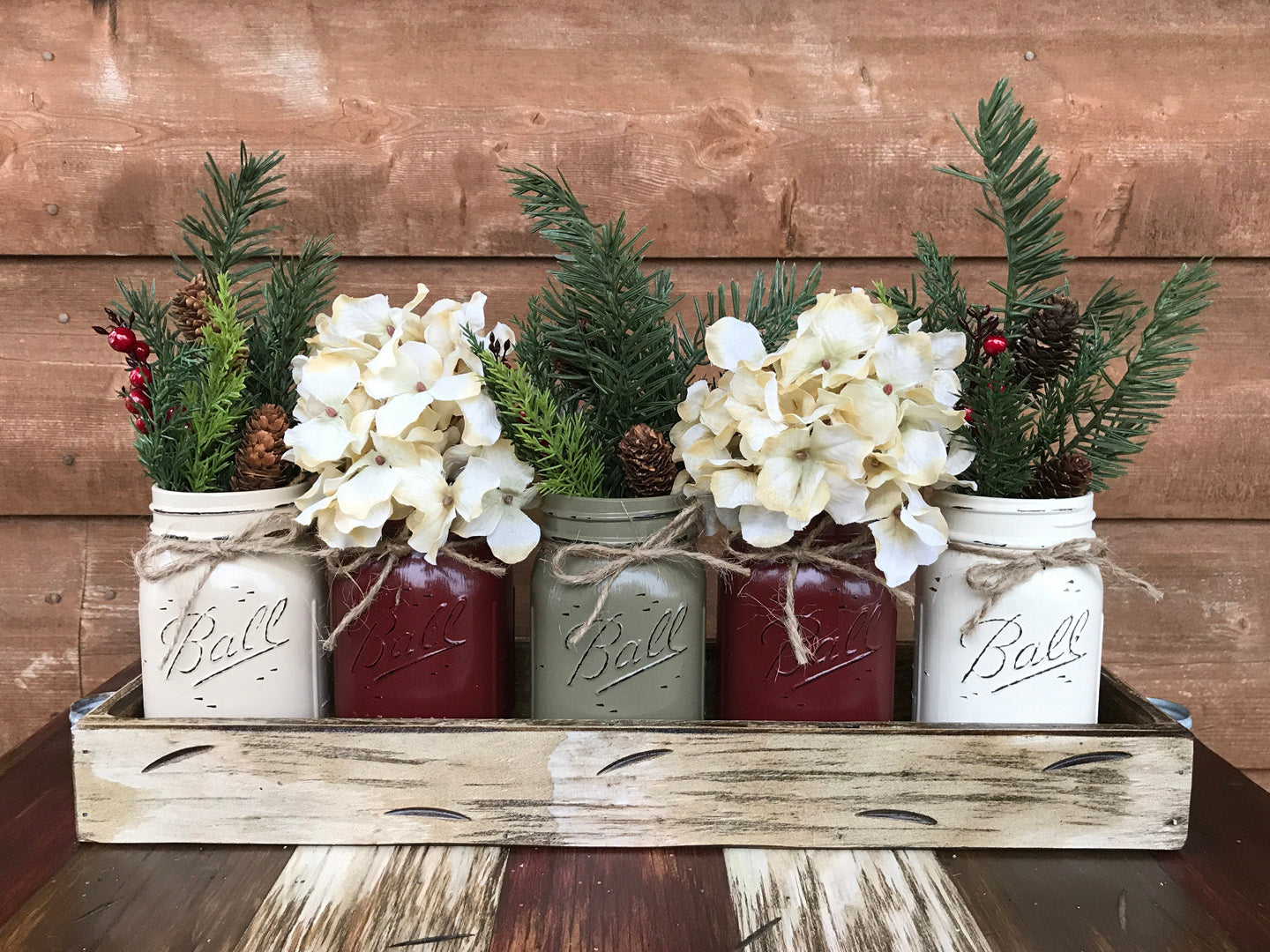 CHRISTMAS HOLIDAY Large Tray Centerpiece + 5 Pint Jars (Florals / Flowers optional) Ball Mason - Wooden Hearts Inc