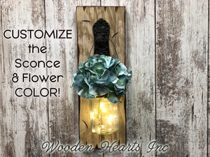 LIGHTED Wall SCONCE with FLOWER *Battery Operated Lights 6 Hr Timer *JAR -Rustic BROWN Wood - Wooden Hearts Inc