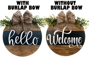 Leopard Hello or Welcome Door Hanger with STRIPE Wreath 16" Everyday All year Round Sign - Wooden Hearts Inc