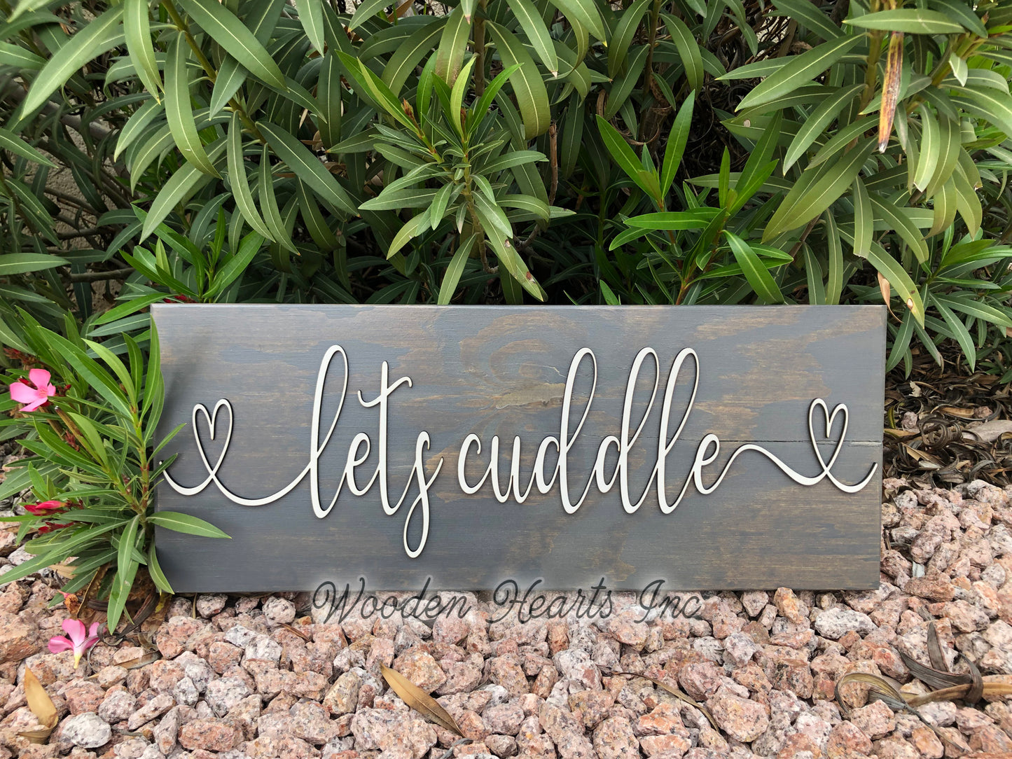 Lets Cuddle 3D Wood Horizontal Wall Home Sign 9x24 White Gray Wedding GIft - Wooden Hearts Inc