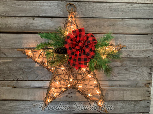 Lighted STAR RATTAN Christmas Decor with Buffalo Plaid Bow 24x24 - Wooden Hearts Inc