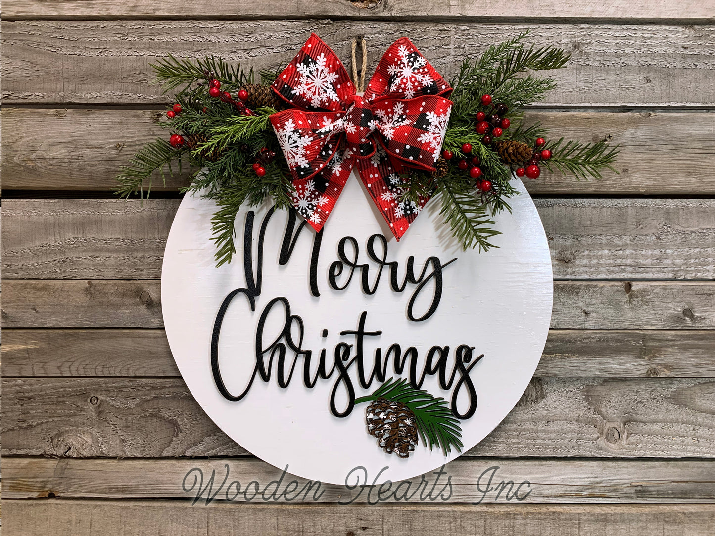 Merry Christmas Door Hanger Happy Holidays, Seasons Greetings, Wreath Custom 16" Round Sign - Wooden Hearts Inc