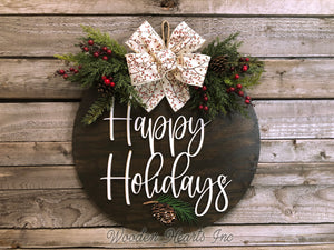 Happy Holidays Door Hanger Merry Christmas, Seasons Greetings, Wreath Custom 16" Round Sign - Wooden Hearts Inc