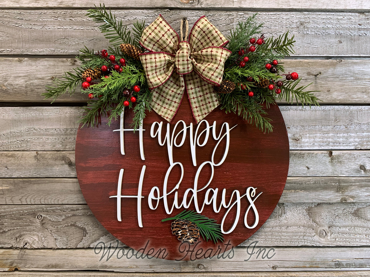 Seasons Greetings Door Hanger Happy Holidays, Merry Christmas, Wreath Custom 16" Round Sign - Wooden Hearts Inc