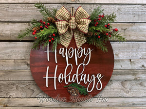 Happy Holidays Door Hanger Merry Christmas, Seasons Greetings, Wreath Custom 16" Round Sign - Wooden Hearts Inc