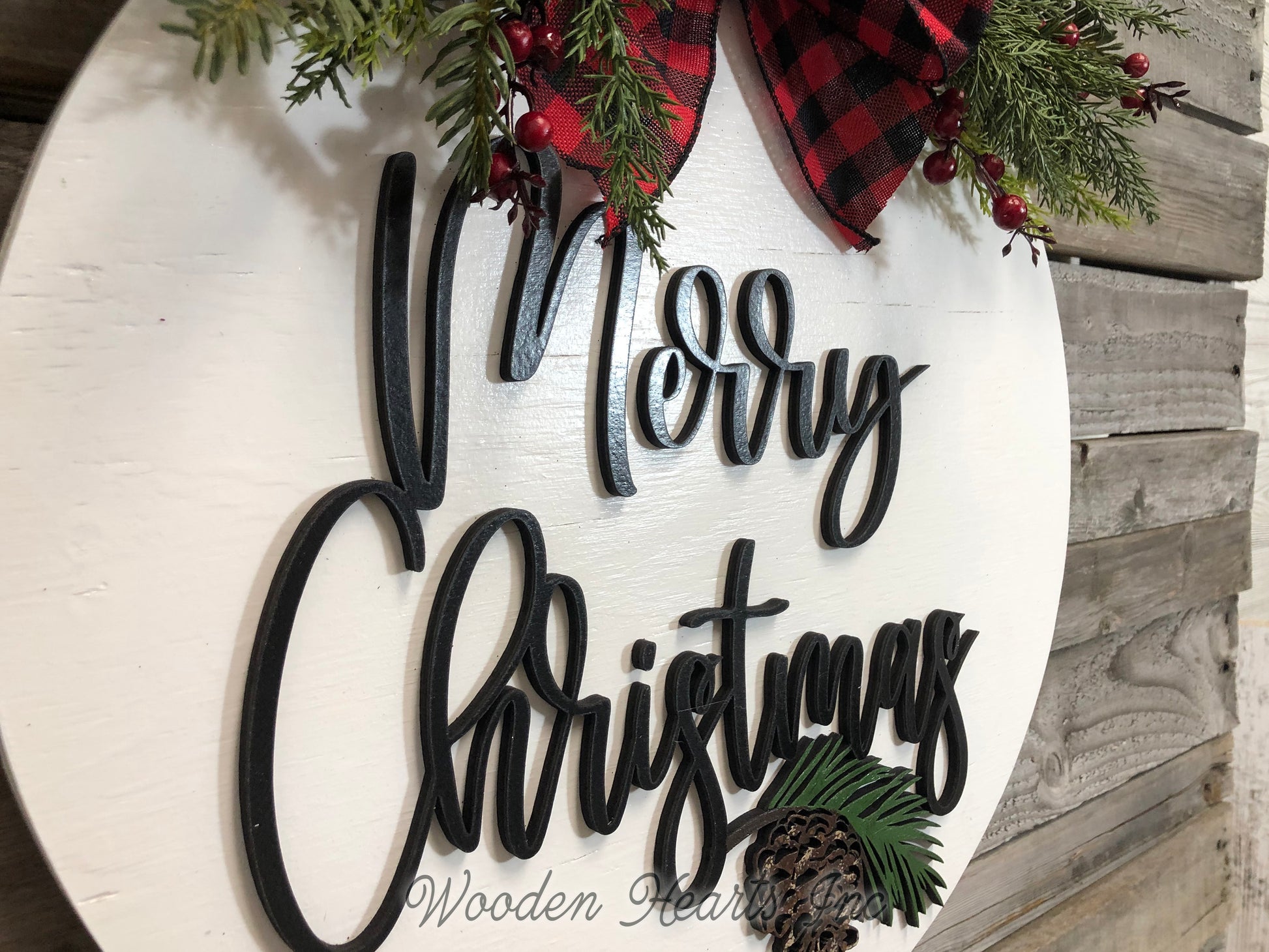 Seasons Greetings Door Hanger Happy Holidays, Merry Christmas, Wreath Custom 16" Round Sign - Wooden Hearts Inc