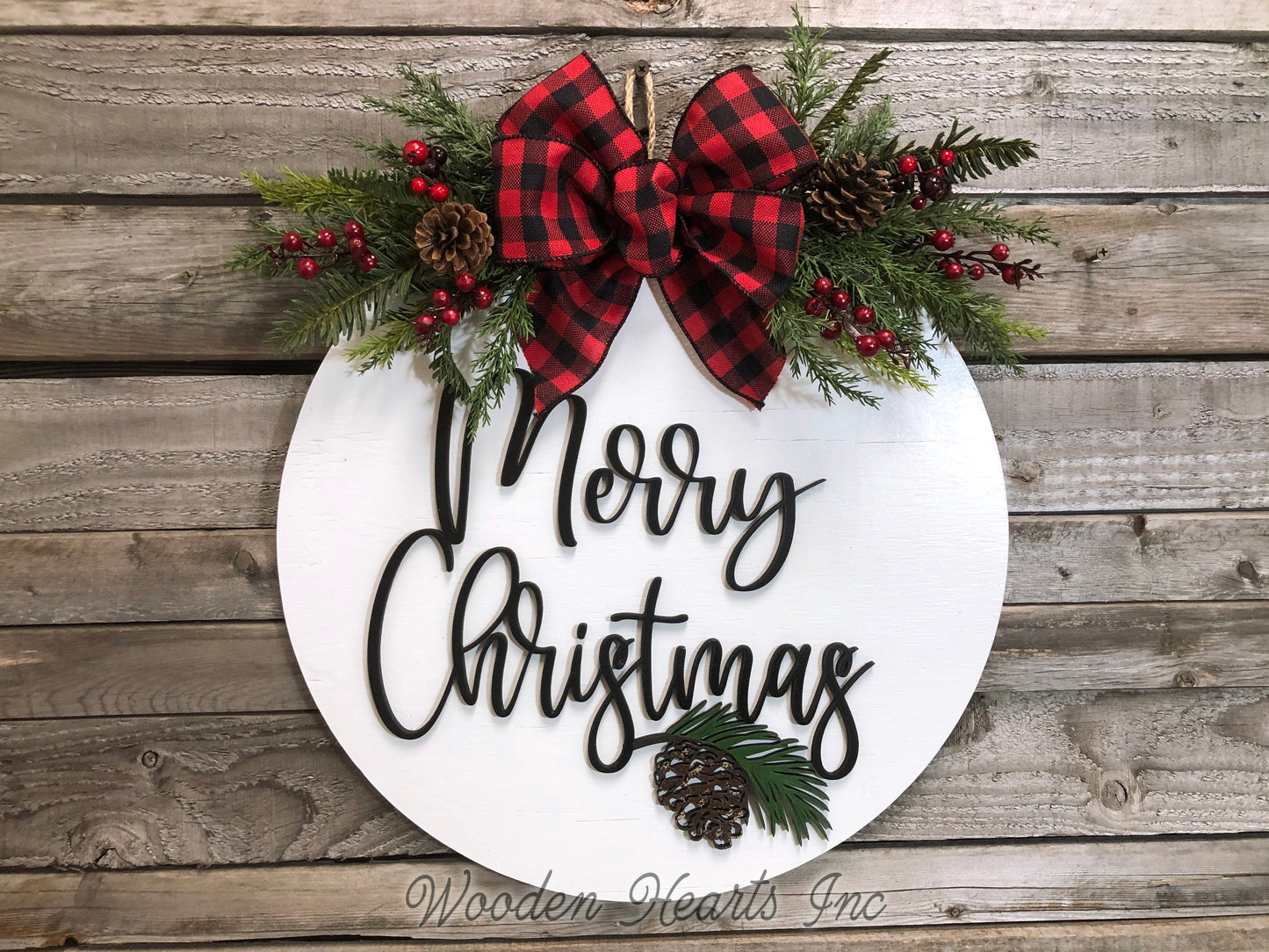 Merry Christmas Door Hanger Happy Holidays, Seasons Greetings, Wreath Custom 16" Round Sign - Wooden Hearts Inc