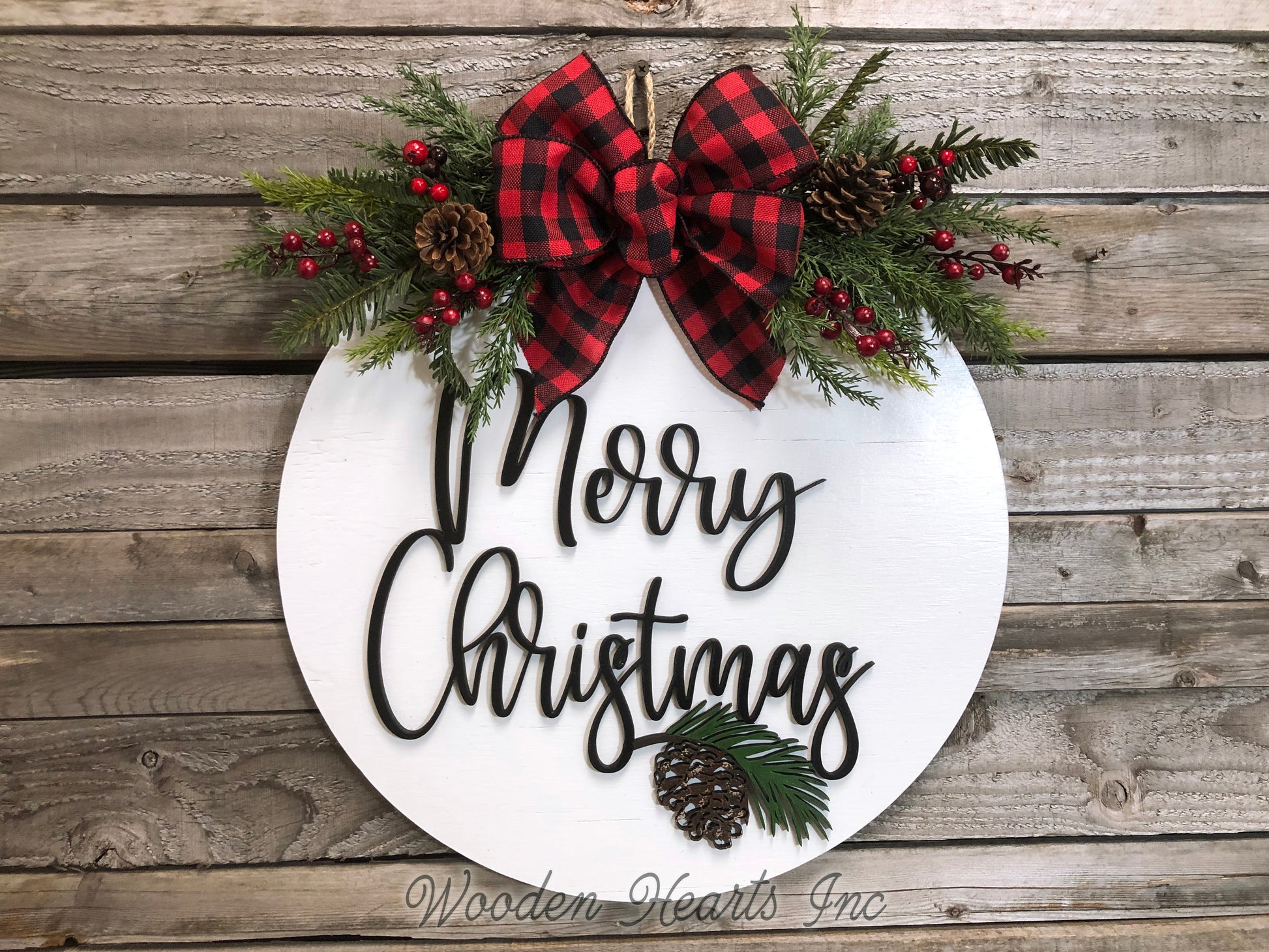 Seasons Greetings Door Hanger Happy Holidays, Merry Christmas, Wreath Custom 16" Round Sign - Wooden Hearts Inc