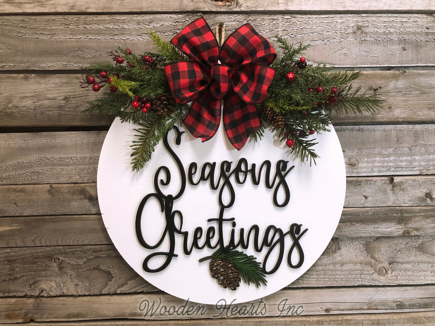 Happy Holidays Door Hanger Merry Christmas, Seasons Greetings, Wreath Custom 16" Round Sign - Wooden Hearts Inc