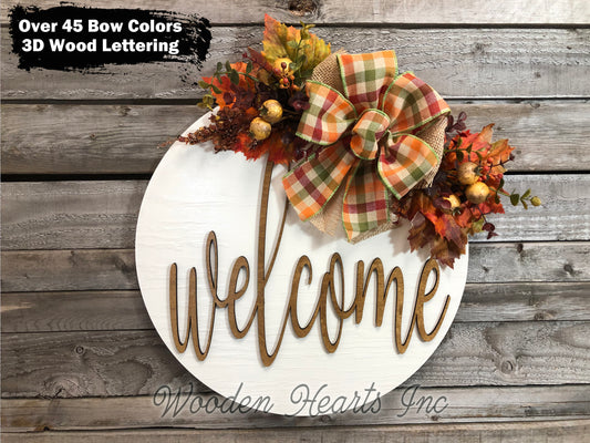 FALL Door hanger Wreath WELCOME Wood Round Sign 16" 3D Wood Lettering Bow Leaves Distressed - Wooden Hearts Inc