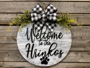 Personalized Door Hanger Welcome Wreath Custom Last Name PAW PRINT 16" Round Sign Spring - Wooden Hearts Inc