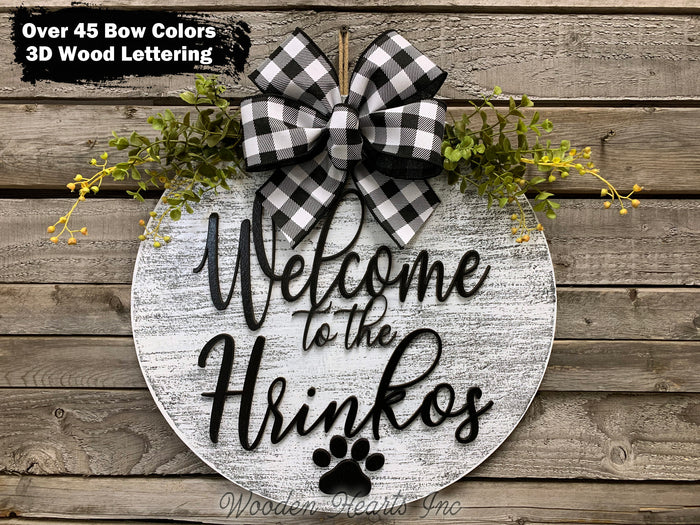 Personalized Door Hanger Welcome Wreath Custom Last Name PAW PRINT 16" Round Sign Spring