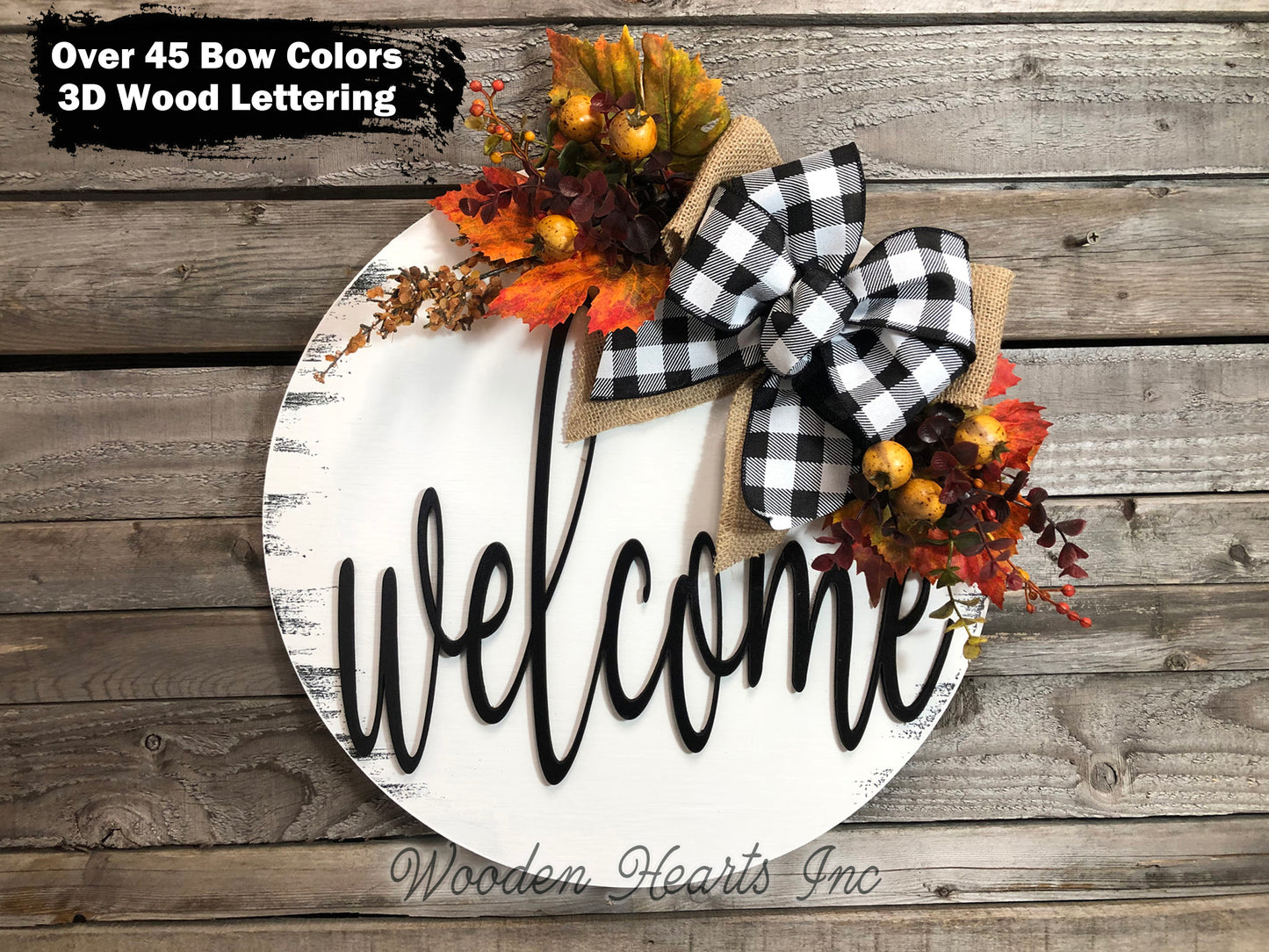FALL Door hanger Wreath WELCOME Wood Round Sign 16" 3D Wood Lettering Bow Leaves Distressed - Wooden Hearts Inc