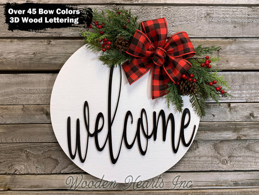 Welcome Christmas Door Hanger Wreath with Pine Berries Greenery and Bow 16" Round Sign - Wooden Hearts Inc