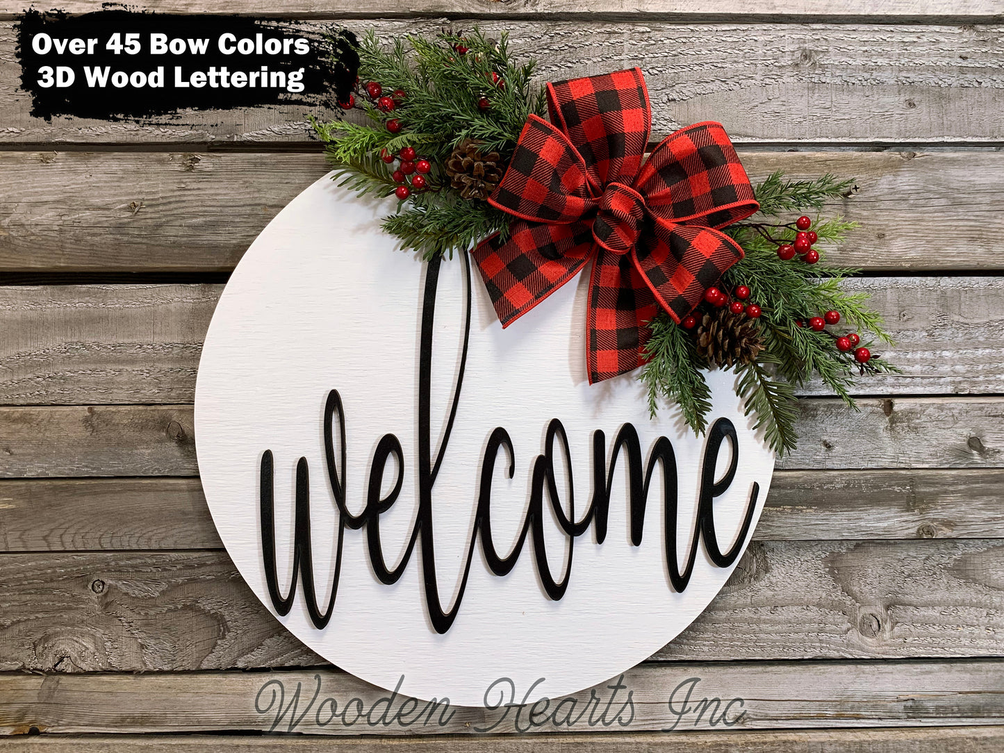 Welcome Christmas Door Hanger Wreath with Pine Berries Greenery and Bow 16" Round Sign - Wooden Hearts Inc