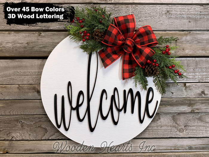 Welcome Christmas Door Hanger Wreath with Pine Berries Greenery and Bow 16" Round Sign