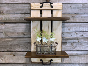 Wall SHELF Wood Tray Style with Metal Handles, *Bathroom Kitchen *Distressed White Brown Gray - Wooden Hearts Inc