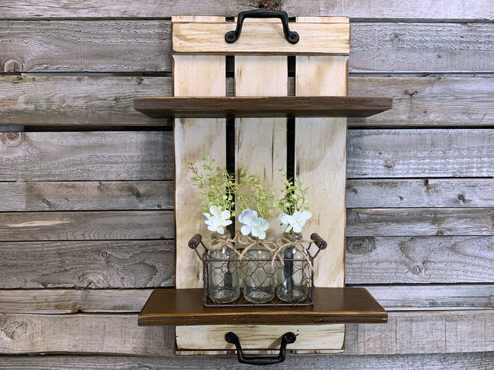 Wall SHELF Wood Tray Style with Metal Handles, *Bathroom Kitchen *Distressed White Brown Gray