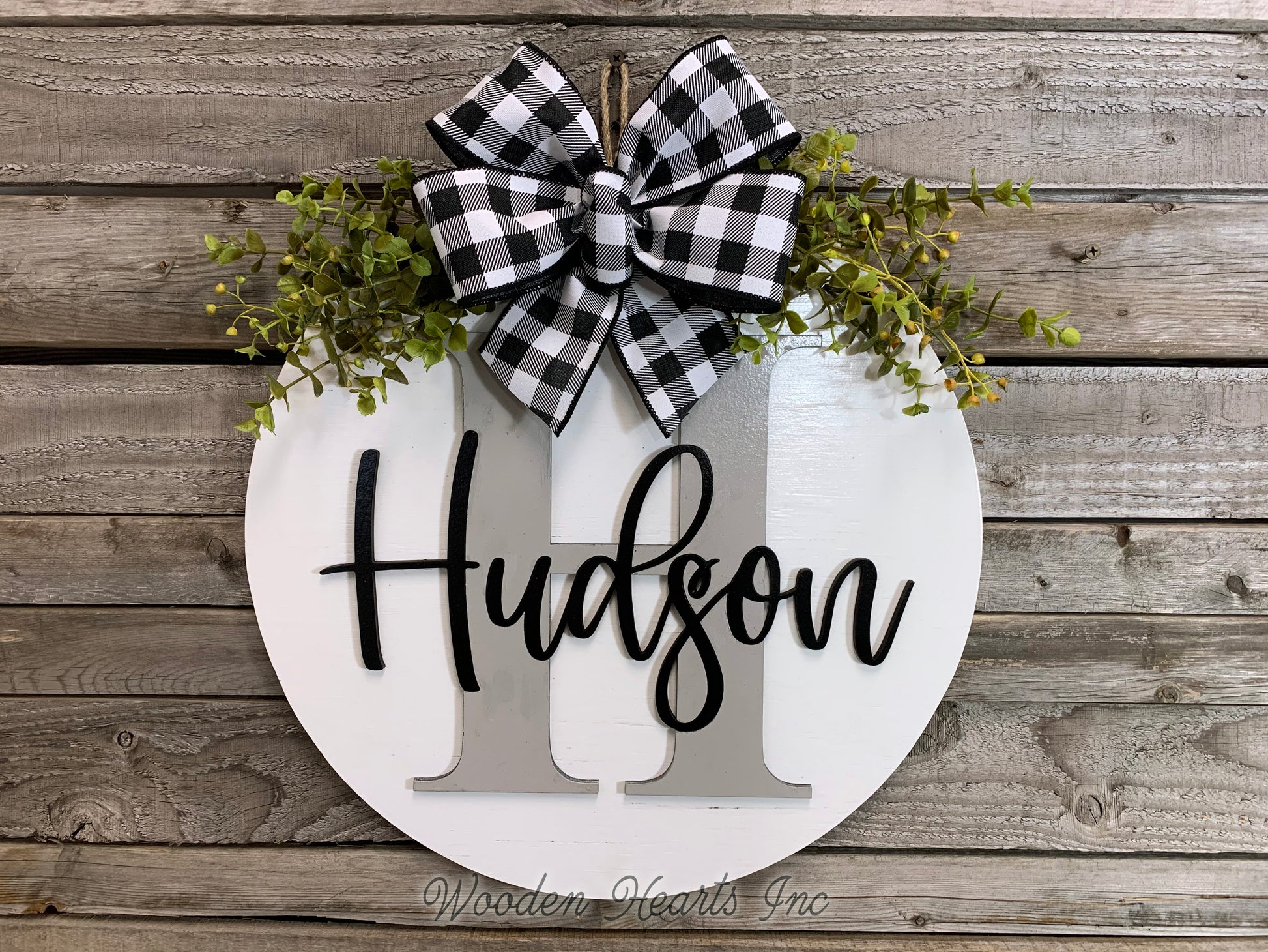 Monogram Last Name 16" Round Letter Sign, Custom, Personalize Name, Door Sign - Wooden Hearts Inc