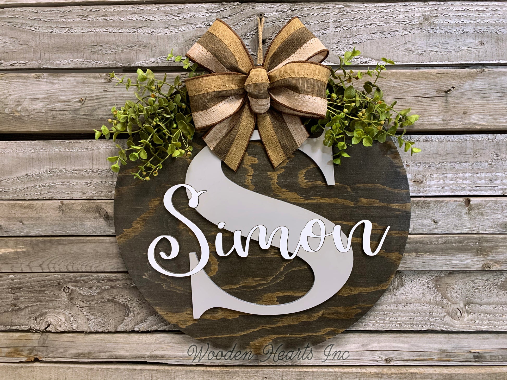 Monogram Last Name 16" Round Letter Sign, Custom, Personalize Name, Door Sign - Wooden Hearts Inc
