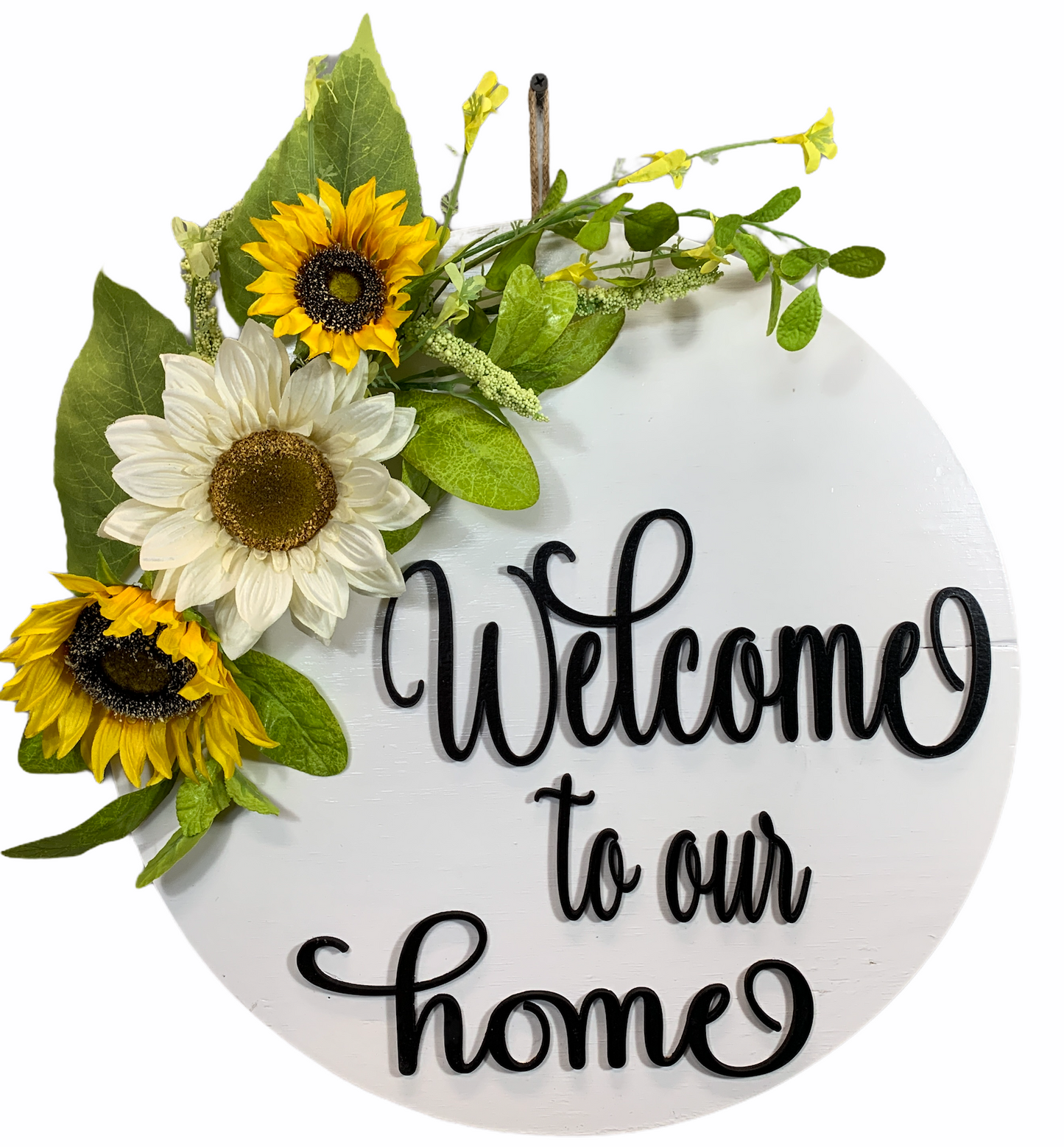 Sunflower 16" Round Door Sign,  Welcome to our home - Wooden Hearts Inc