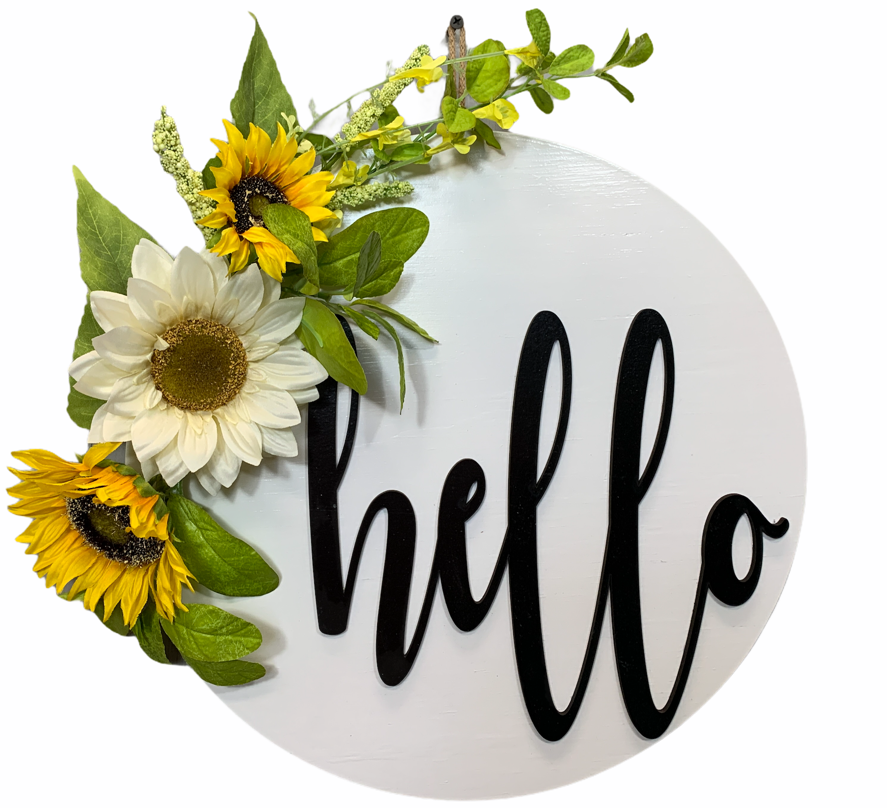 Sunflower 16" Round Door Sign,  hello - Wooden Hearts Inc