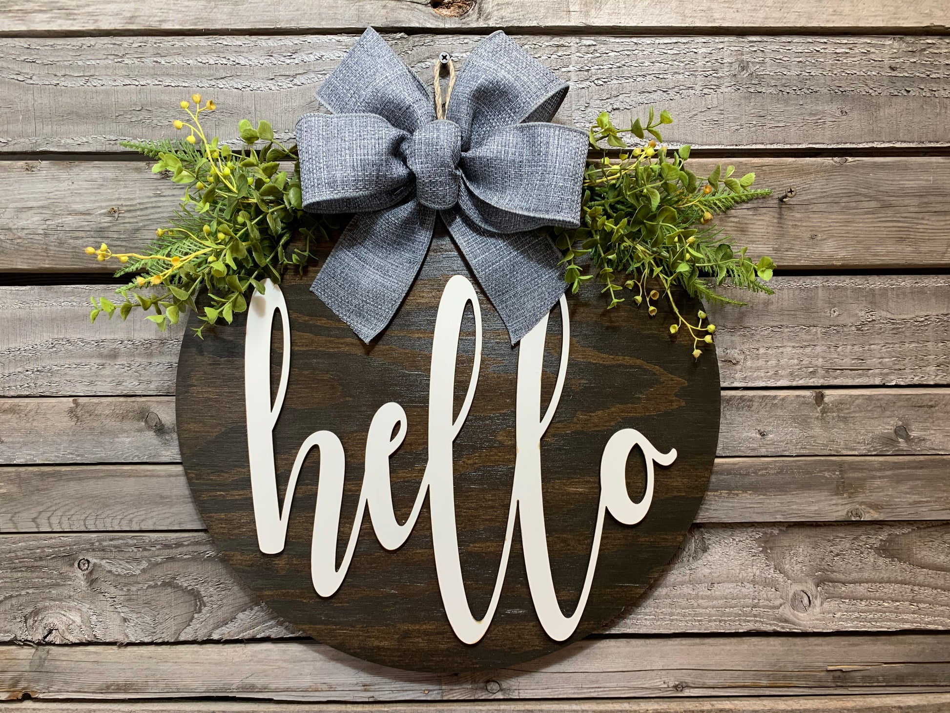 HELLO Sign Front Door Hanger 16" Round Wood Wreath Bow Everyday Sign Spring Easter - Wooden Hearts Inc