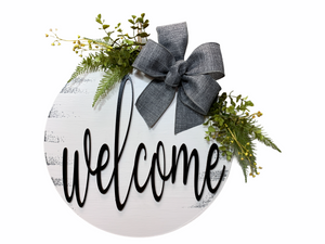 WELCOME Sign Front Door Hanger 16" Round Wood Wreath Bow Everyday Sign Spring Easter - Wooden Hearts Inc