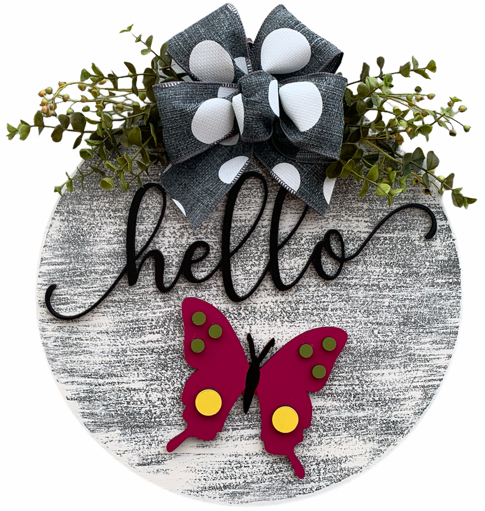 Hello Season Changer + Interchangeable piece Door Hanger Welcome Wreath Custom 14" Round Sign - Wooden Hearts Inc