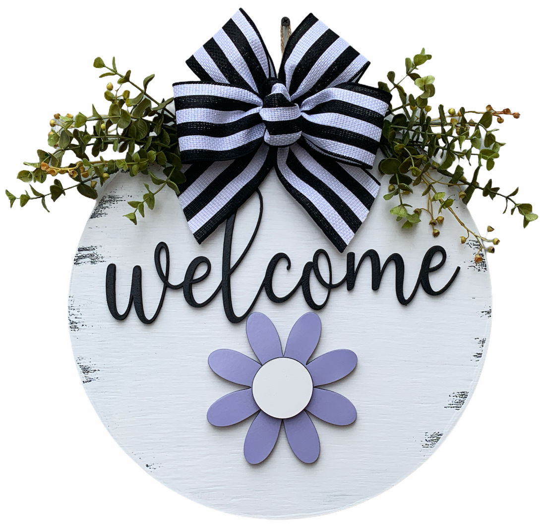 Hello Season Changer + Interchangeable piece Door Hanger Welcome Wreath Custom 14" Round Sign - Wooden Hearts Inc