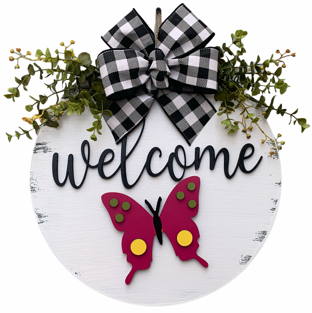Welcome Season Changer + Interchangeable piece Door Hanger Welcome Wreath Custom 14" Round Sign - Wooden Hearts Inc