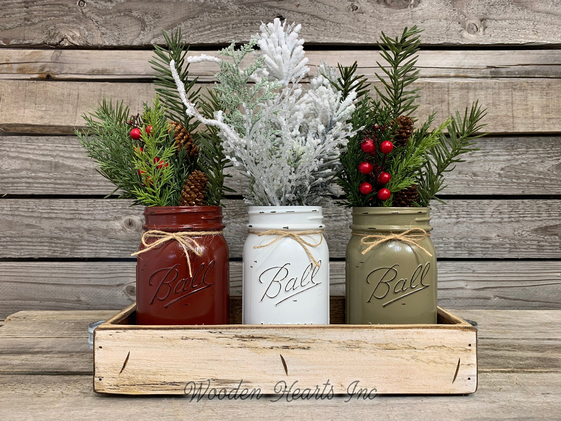 CHRISTMAS HOLIDAY 3 Pint Jar + Wood Tray Centerpiece (Florals / Flowers optional) Ball Mason - Wooden Hearts Inc