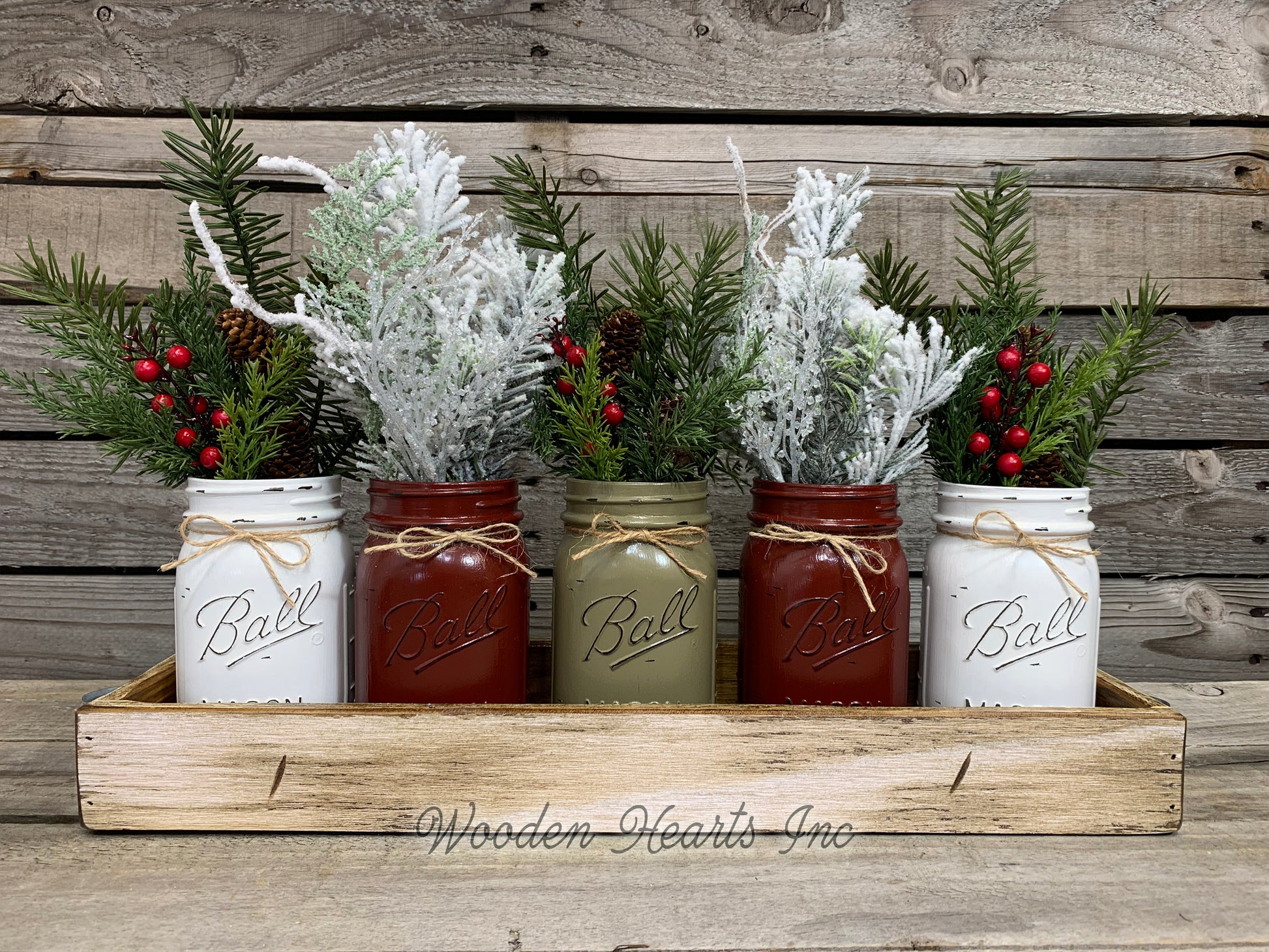 CHRISTMAS HOLIDAY Large Tray Centerpiece + 5 Pint Jars (Florals / Flowers optional) Ball Mason - Wooden Hearts Inc