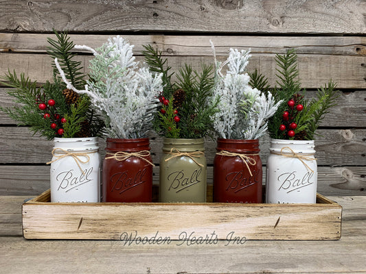CHRISTMAS HOLIDAY Large Tray Centerpiece + 5 Pint Jars (Florals / Flowers optional) Ball Mason - Wooden Hearts Inc