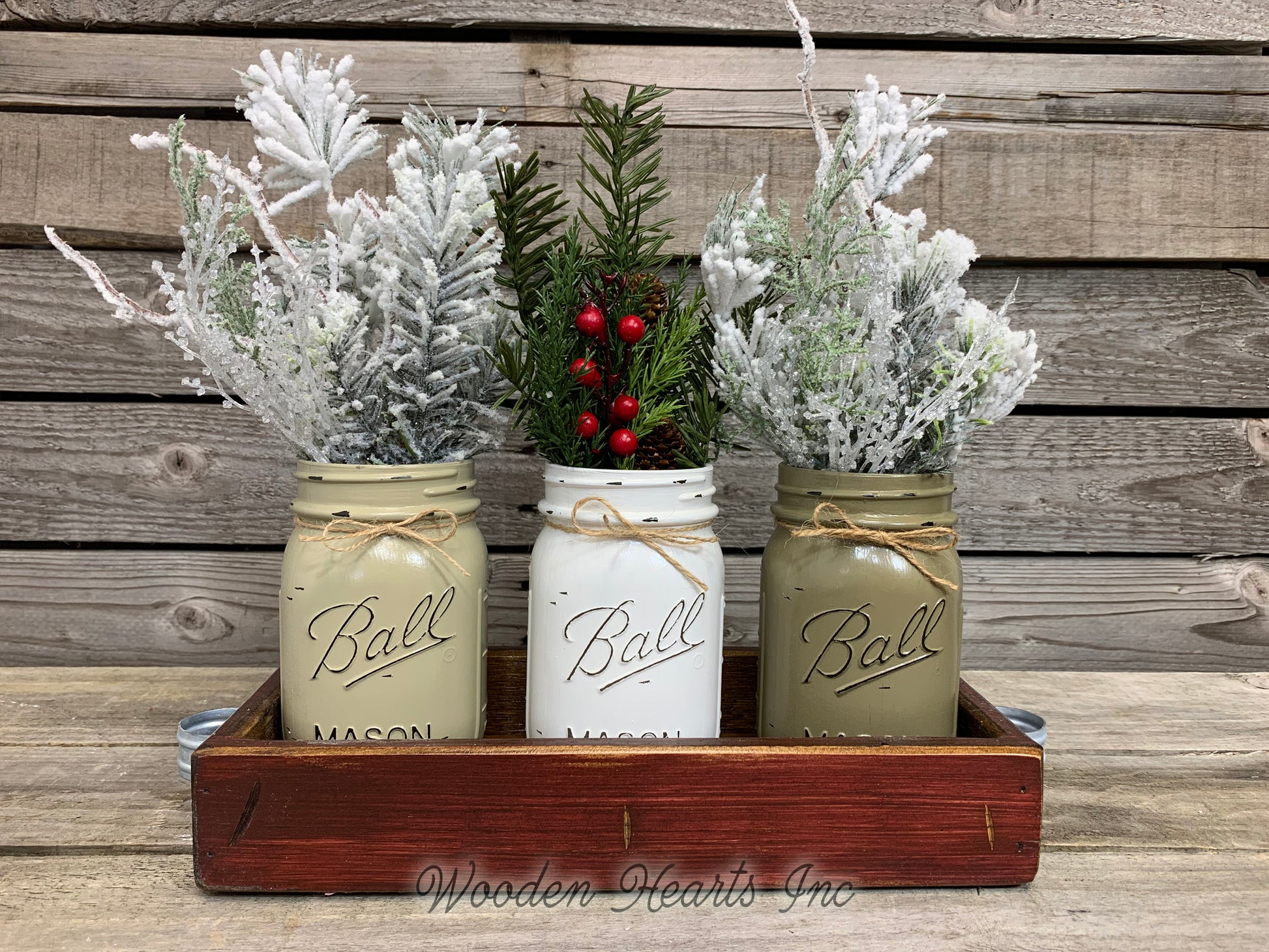 CHRISTMAS HOLIDAY 3 Pint Jar + Wood Tray Centerpiece (Florals / Flowers optional) Ball Mason - Wooden Hearts Inc