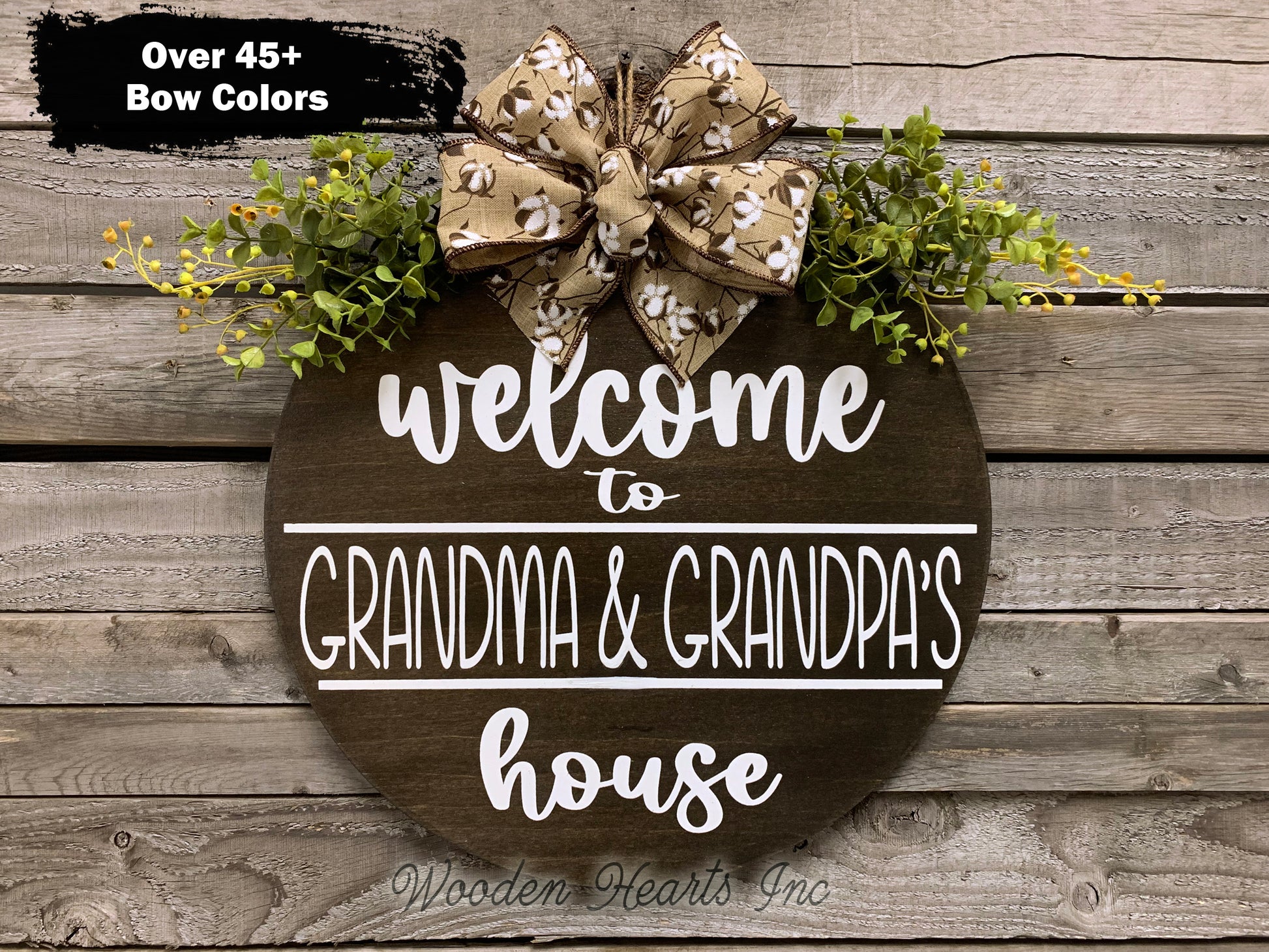 Welcome to Grandma & Grandpa's house Door Hanger Wreath 16" Round Sign - Wooden Hearts Inc